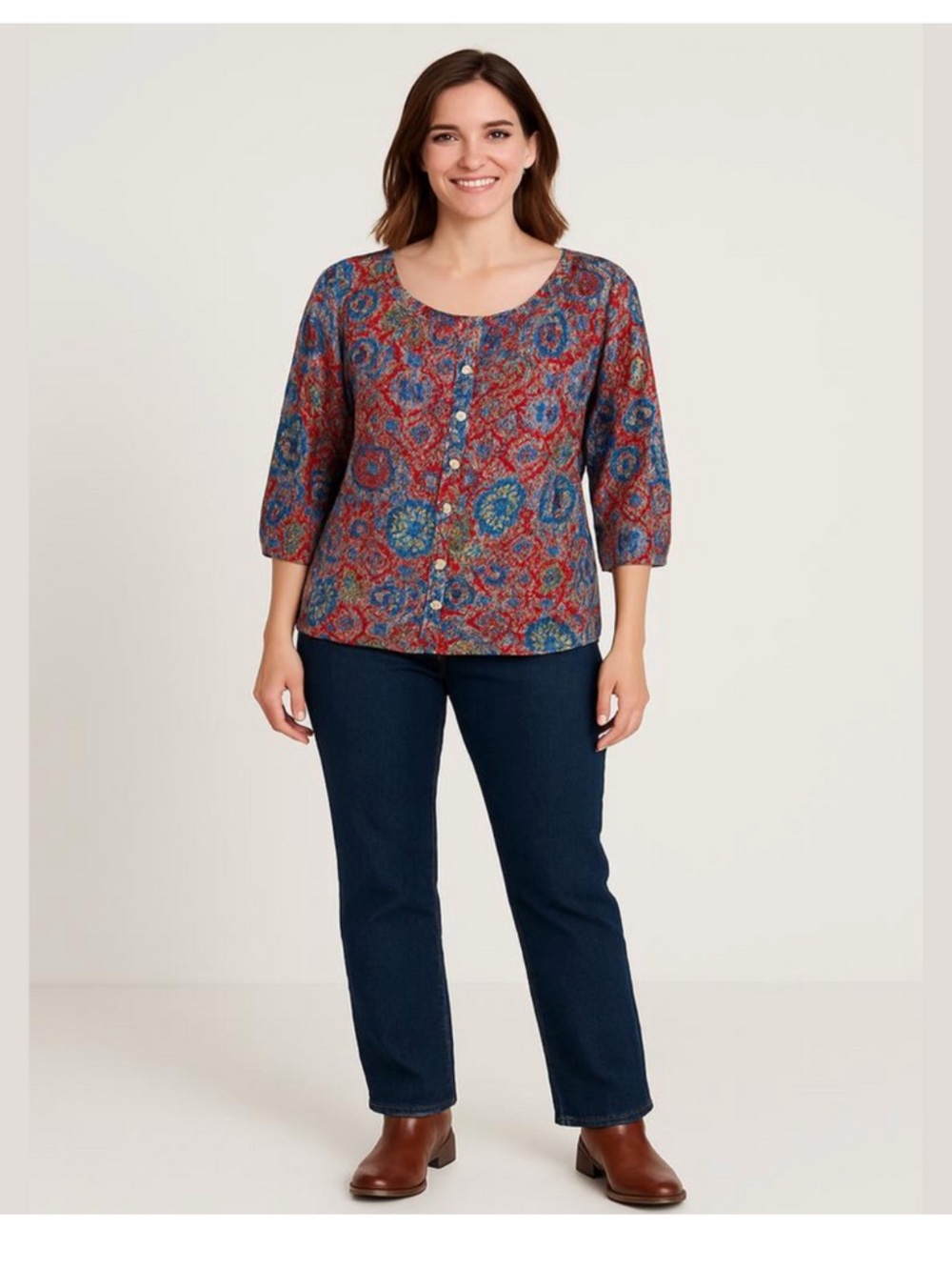 Paisley Button-Front Blouse in Red and Blue